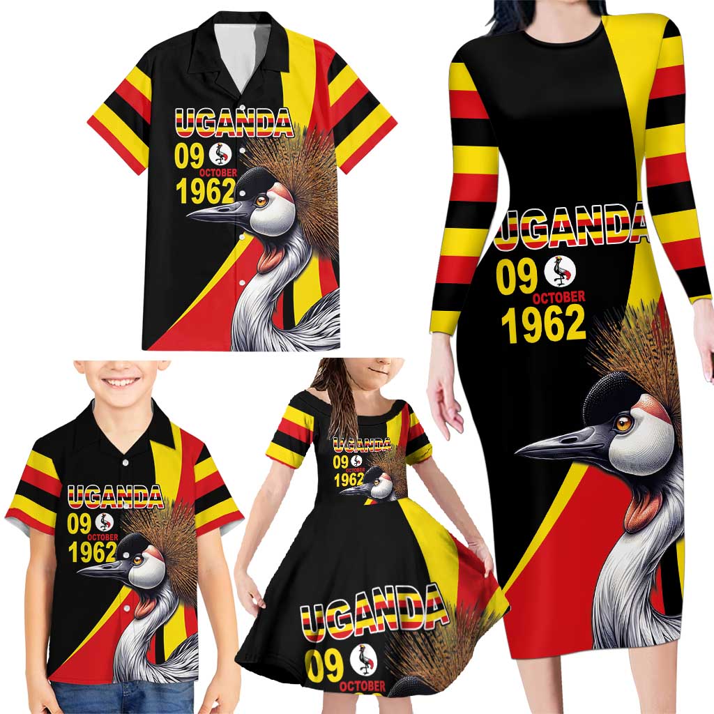 Uganda Independence Day with Crowned Cranes Family Matching Long Sleeve Bodycon Dress and Hawaiian Shirt - Wonder Print Shop