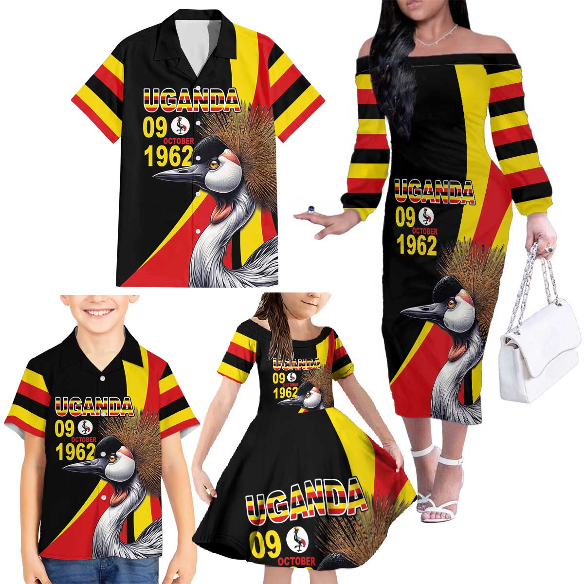 Uganda Independence Day with Crowned Cranes Family Matching Off The Shoulder Long Sleeve Dress and Hawaiian Shirt - Wonder Print Shop