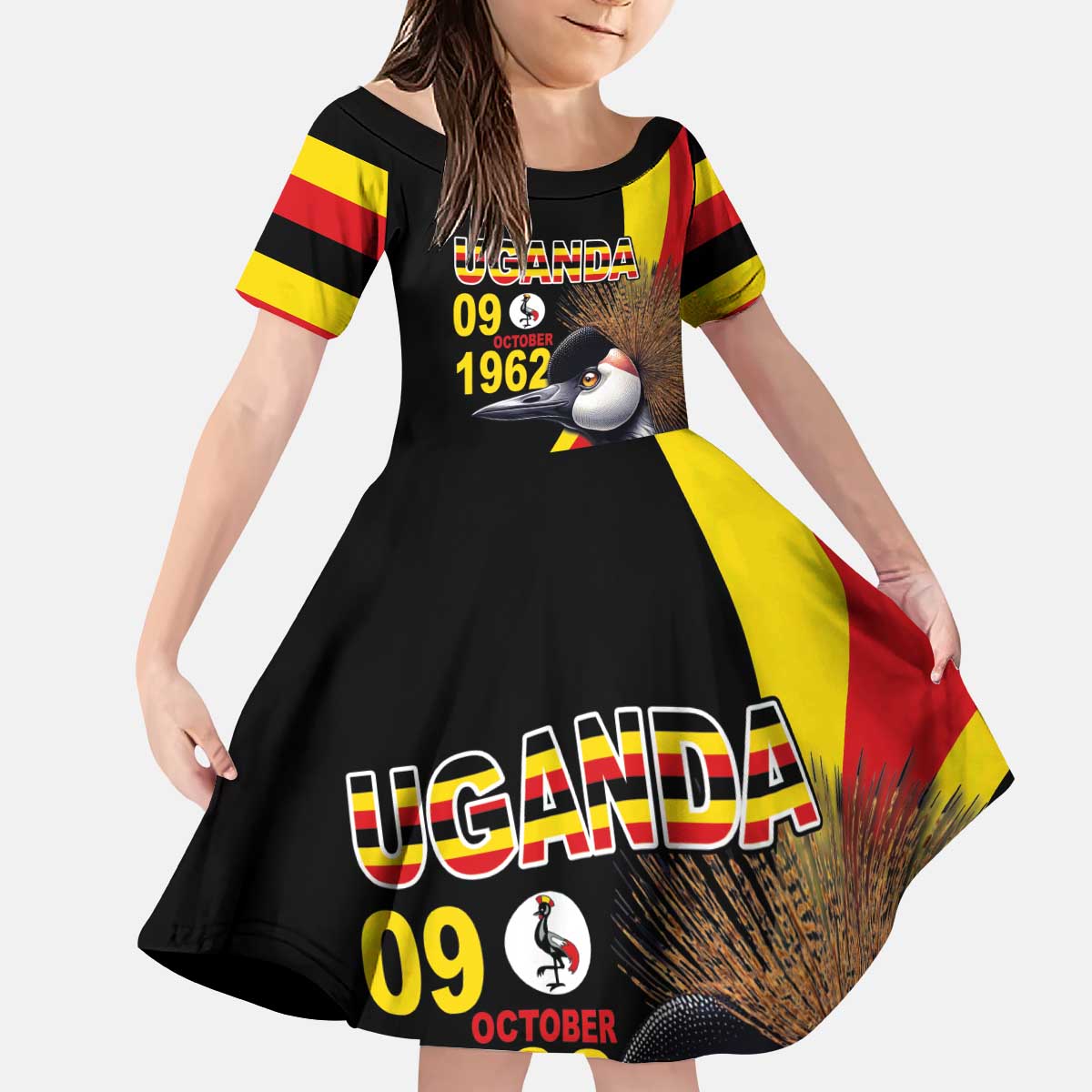 Uganda Independence Day with Crowned Cranes Kid Short Sleeve Dress - Wonder Print Shop