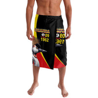 Black lavalava shorts with Uganda crowned crane graphic and red/yellow stripe