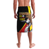 Black lavalava shorts with Uganda 9 October 1962 crowned crane and red/yellow stripe
