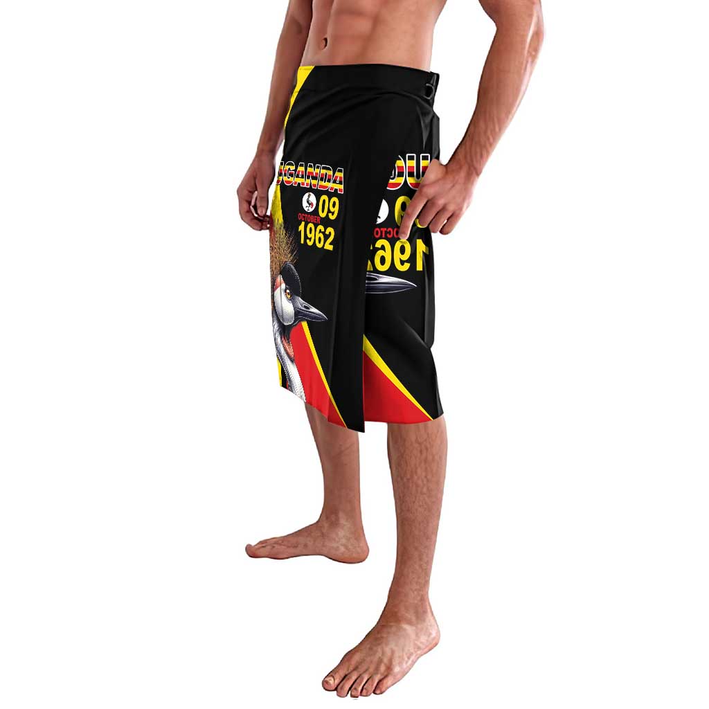 Black lavalava shorts with crowned crane and Uganda text in red/yellow panels