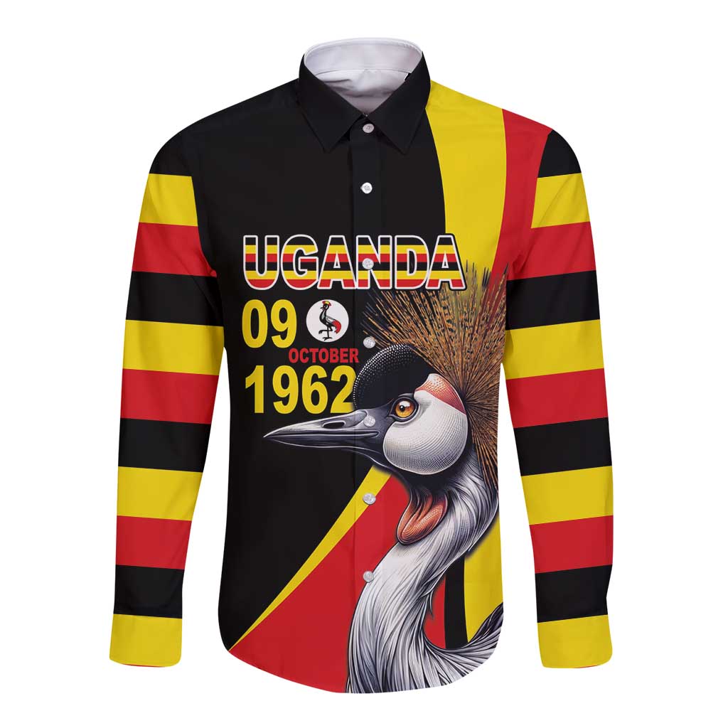 Black long-sleeve button shirt with Uganda and crowned cranes graphic on front