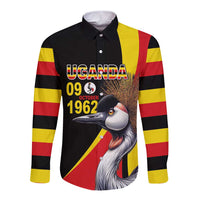 Black long-sleeve button shirt with Uganda and crowned cranes graphic on front