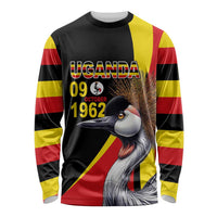 Black long-sleeve shirt with Uganda flag stripes and 'UGANDA' crowned crane, 09 Oct 1962