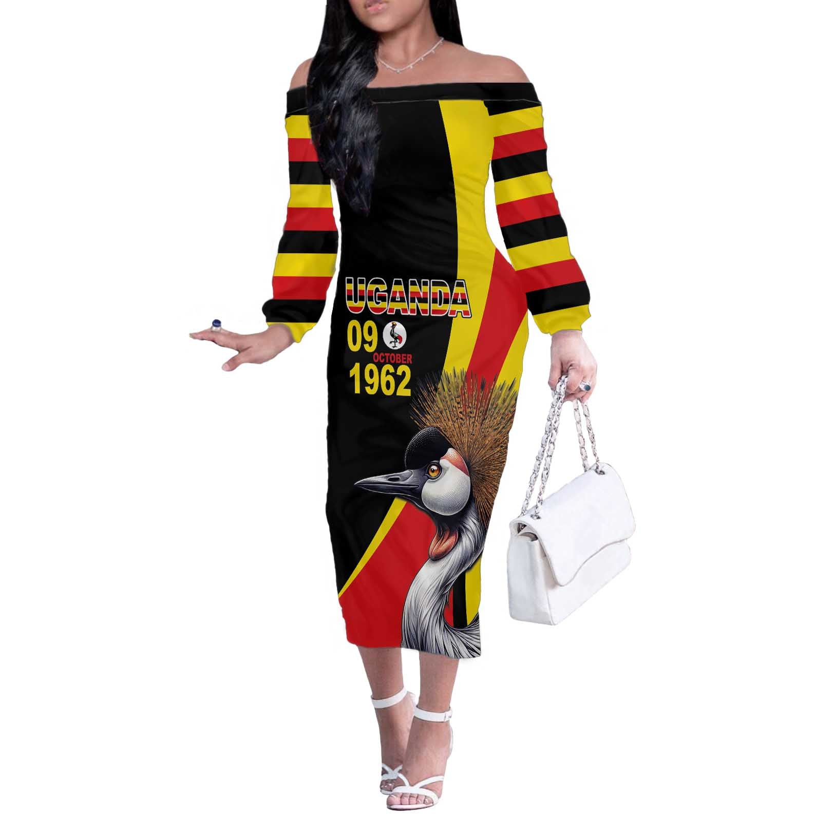 Uganda Independence Day with Crowned Cranes Off The Shoulder Long Sleeve Dress - Wonder Print Shop