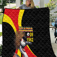 Black quilt with Uganda crowned crane graphic and text "UGANDA 09 October 1962"