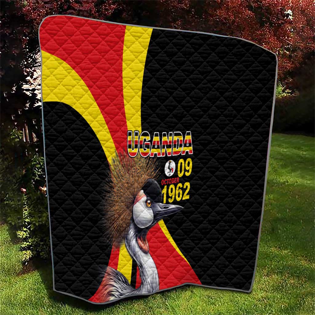 Black quilt close view with Uganda crowned crane, red-yellow stripes, and "1962" text