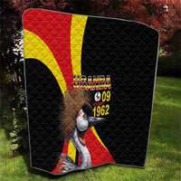 Black quilt close view with Uganda crowned crane, red-yellow stripes, and "1962" text