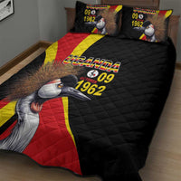 Black quilt bed set with Uganda flag rays and crowned cranes, includes two black pillows