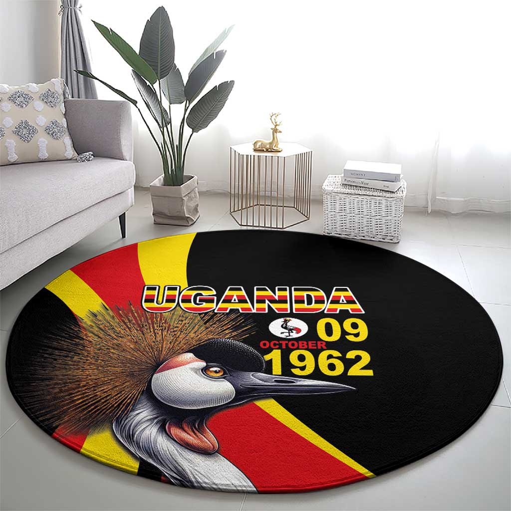Black round carpet with centered Uganda text, October 09 1962 crowned crane illustration