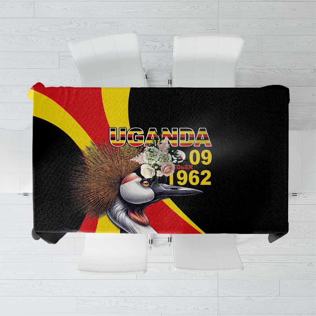 Black Uganda tablecloth with crowned crane and red-yellow flag stripe graphic