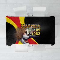 Black Uganda tablecloth with crowned crane and red-yellow flag stripe graphic