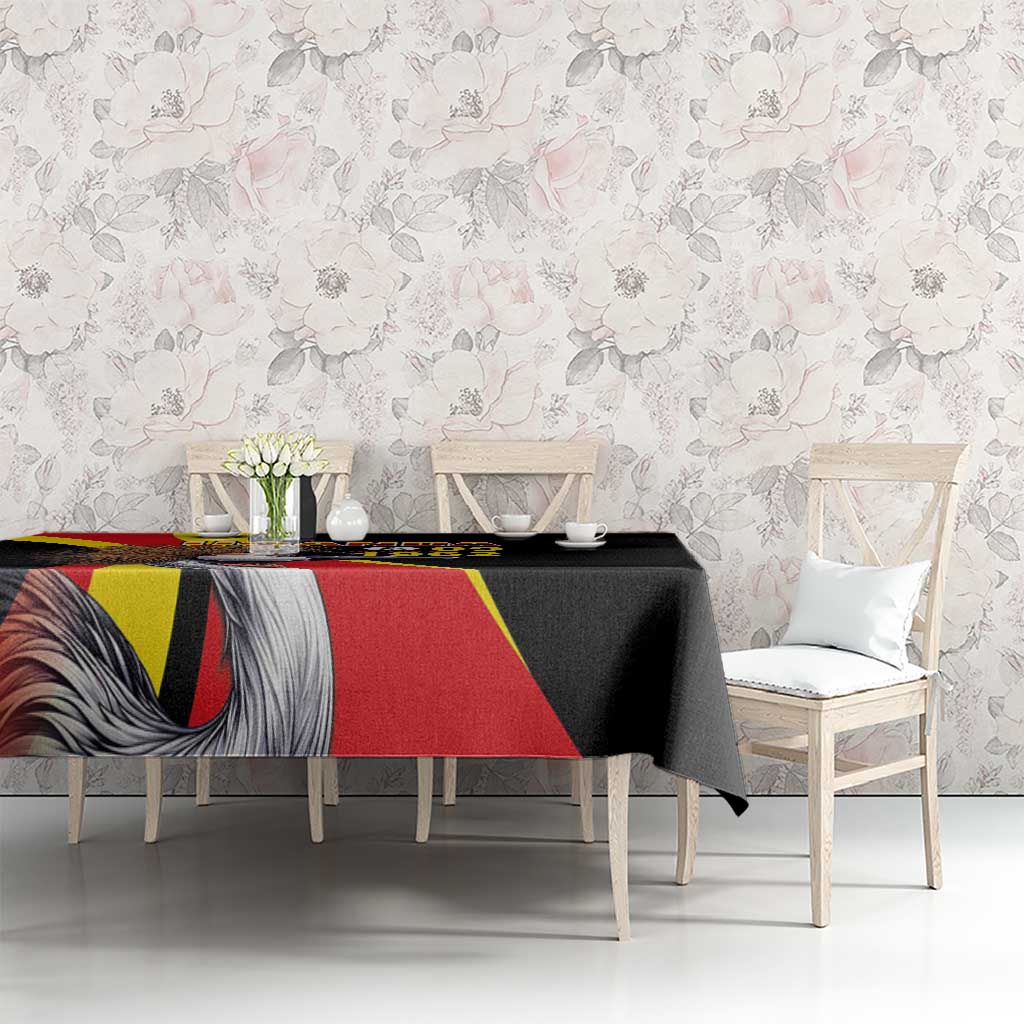Black tablecloth with Uganda crowned crane and 09 1962 graphic on dining set