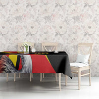 Black tablecloth with Uganda crowned crane and 09 1962 graphic on dining set