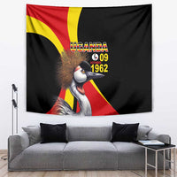 Black Uganda-style tapestry with crowned crane and “09 October 1962” text