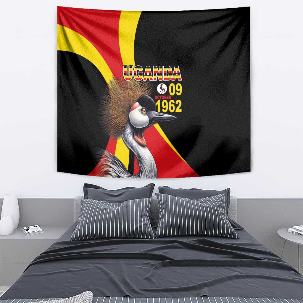 Black tapestry with crowned crane, Uganda emblem, and “09 October 1962” lettering