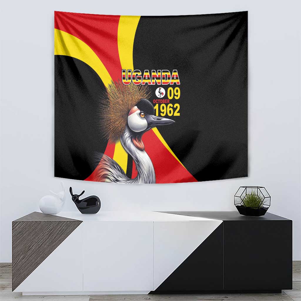 Black Uganda-themed tapestry showing crowned crane and “09 October 1962” date text