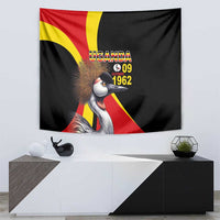 Black Uganda-themed tapestry showing crowned crane and “09 October 1962” date text
