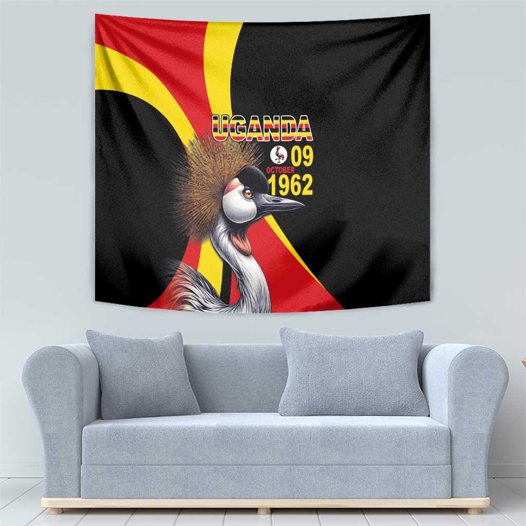 Black wall tapestry with crowned crane, Uganda crest, and “09 October 1962”