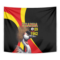 Black tapestry close view: crowned crane with Uganda text and “09 October 1962”