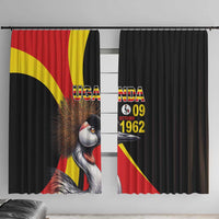 Black window curtain panels with Uganda text, “09 1962”, and crowned crane illustration