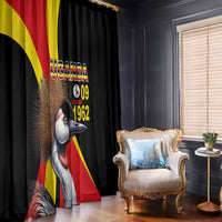 Black window curtain with Uganda flag design and crowned crane graphic, Independence Day text