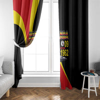 Black window curtain pair with Uganda flag artwork and crowned crane on the panels