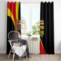 Black window curtain pair with Uganda flag, crowned crane image, and “09 1962” text