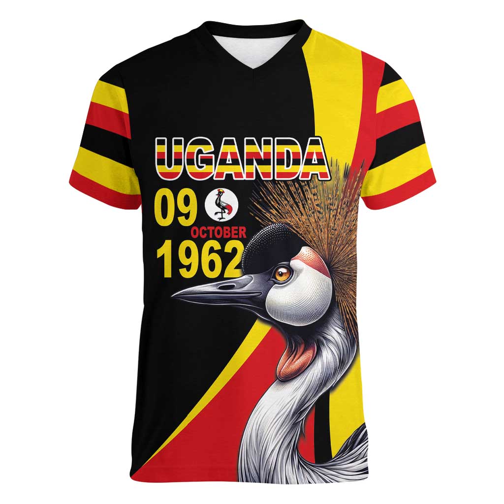 Uganda Independence Day with Crowned Cranes Women V-Neck T-Shirt - Wonder Print Shop