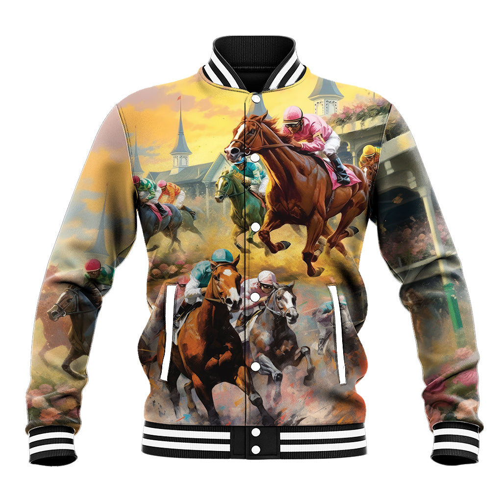Watercolor horse racing baseball jacket with striped rib trim and front snap buttons