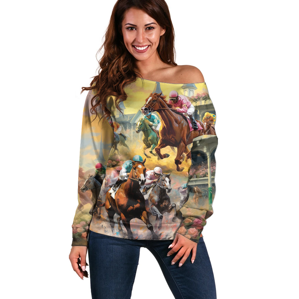 Kentucky Horses Racing Watercolor Off Shoulder Sweater - Wonder Print Shop