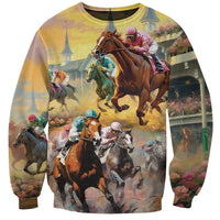 Unisex crewneck sweatshirt with watercolor horse racing scene and multicolor riders