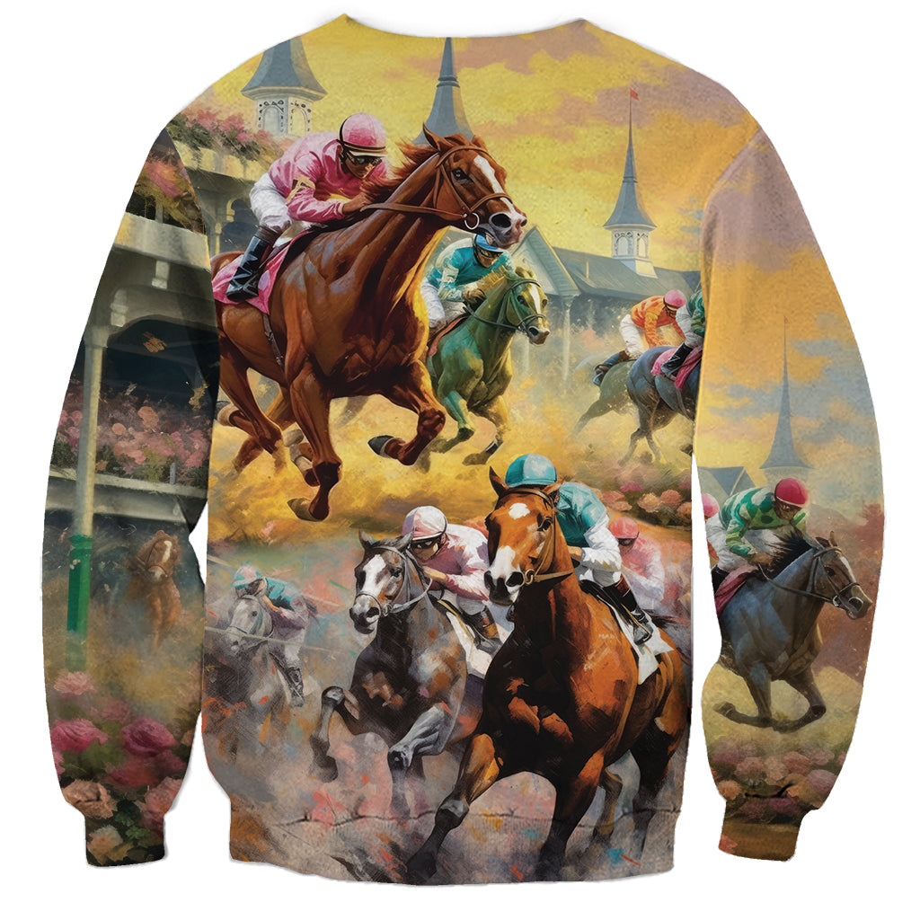Unisex crewneck sweatshirt with large watercolor horse and jockey print, full front