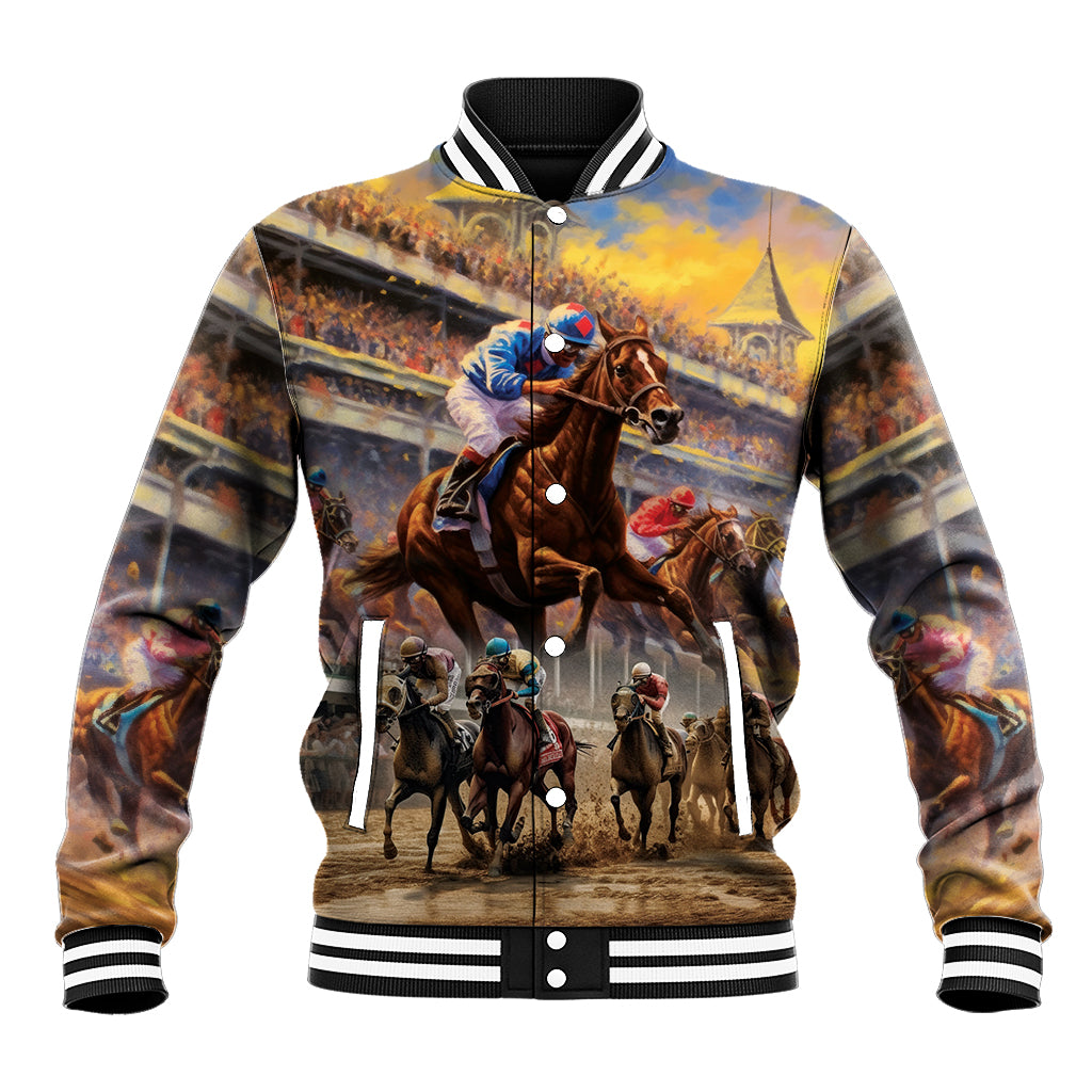 Unisex watercolor baseball jacket with horse race graphic, snap button front, ribbed collar
