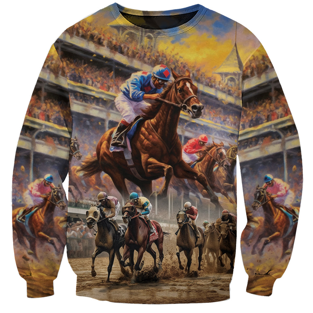 Unisex all-over watercolor sweatshirt with horse racing scene and jockeys, crew at track