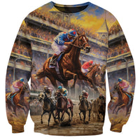 Unisex all-over watercolor sweatshirt with horse racing scene and jockeys, crew at track