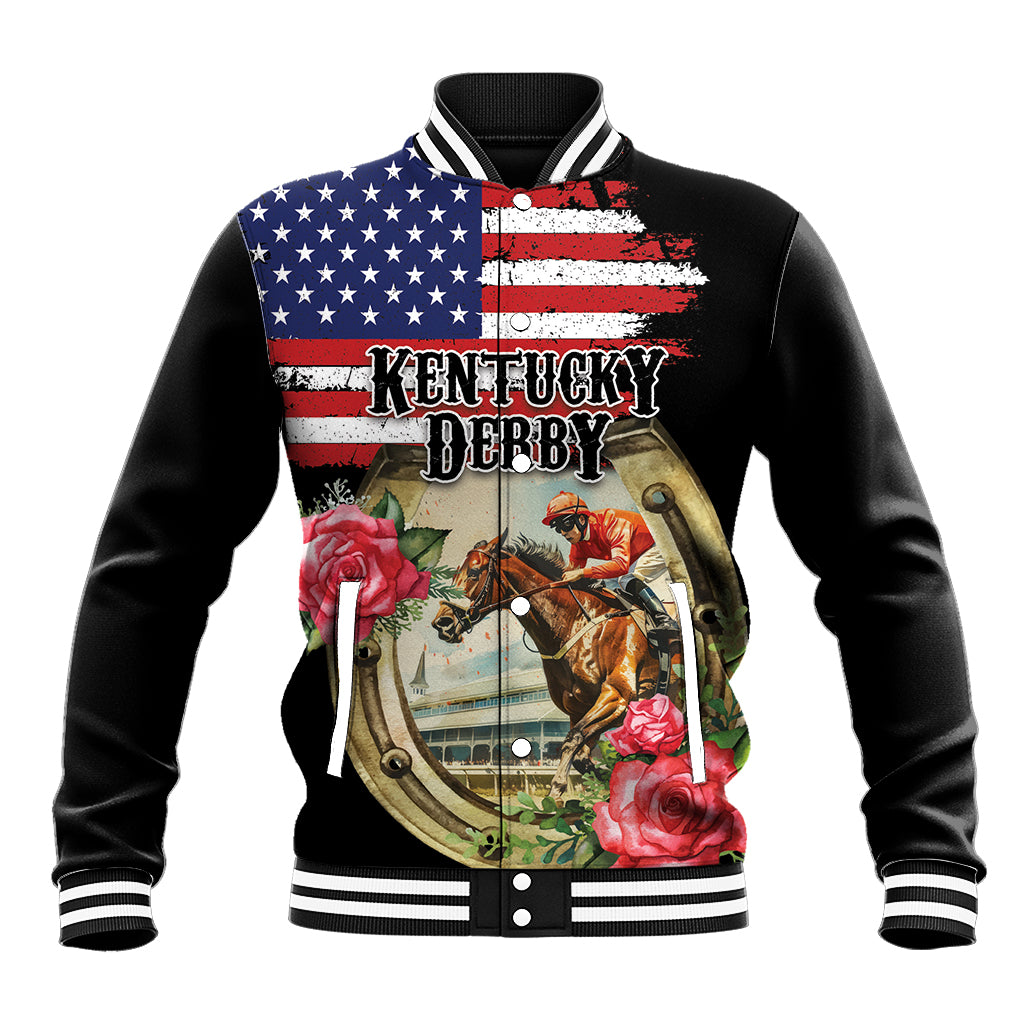 Black baseball jacket with ribbed striped collar, Kentucky Derby graphic, US flag stars, roses
