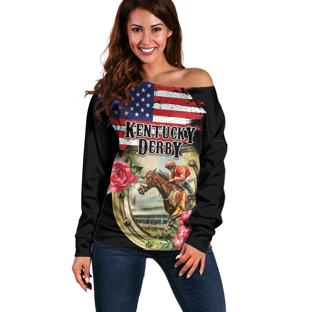 Kentucky Horseshoe Racing Rose Off Shoulder Sweater Grunge American Flag Vintage Style - Wonder Print Shop