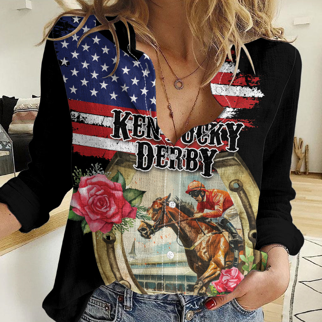 Kentucky Horseshoe Racing Rose Women Casual Shirt Grunge American Flag Vintage Style - Wonder Print Shop