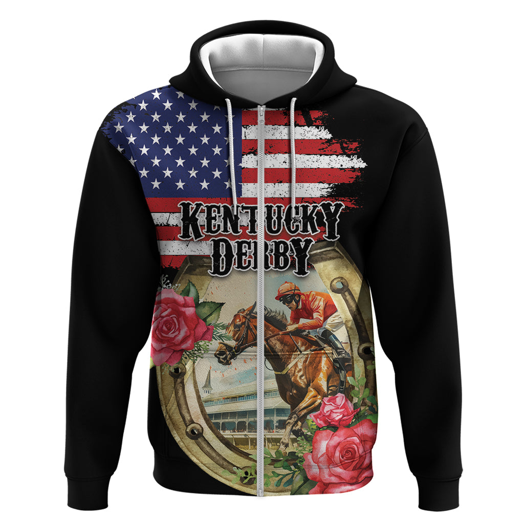 Kentucky Horseshoe Racing Rose Zip Hoodie Grunge American Flag Vintage Style - Wonder Print Shop