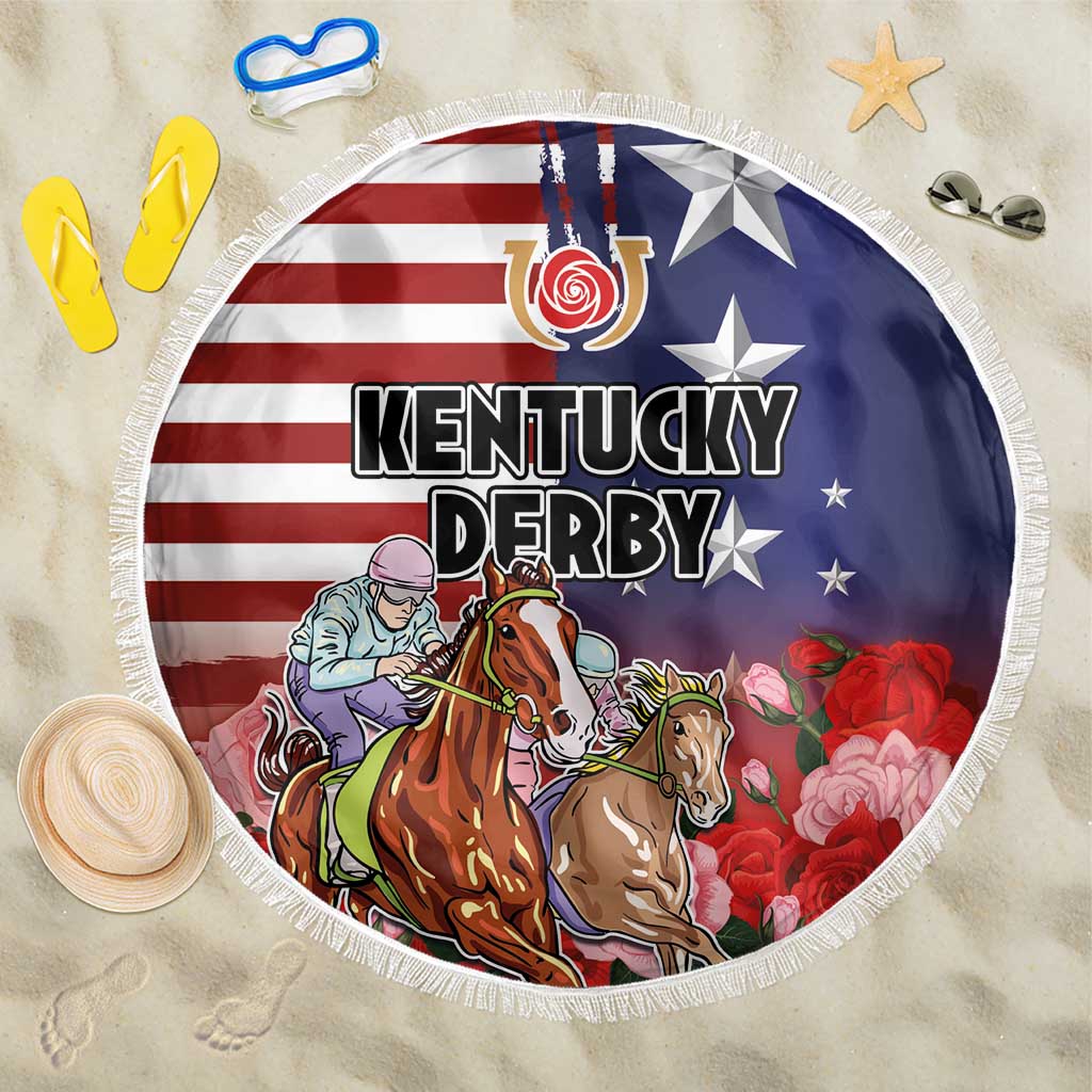 Round fringe beach blanket with horse-racing graphic, red/blue flag and roses
