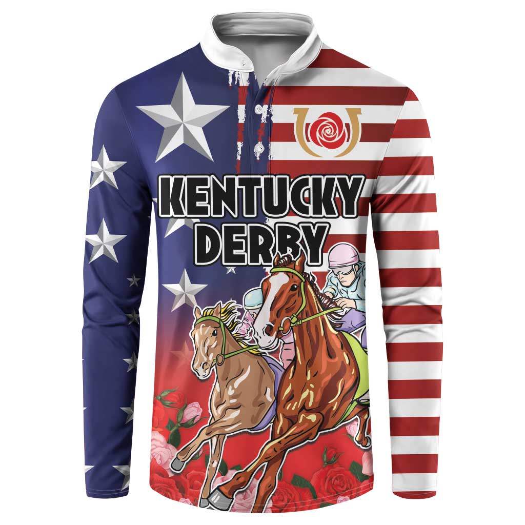 Navy hooded button sweatshirt with horse-racing graphic, stars, and red-white stripes