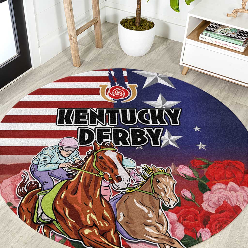 Round carpet with Kentucky Derby text, horse illustration, US flag stripes, stars, roses