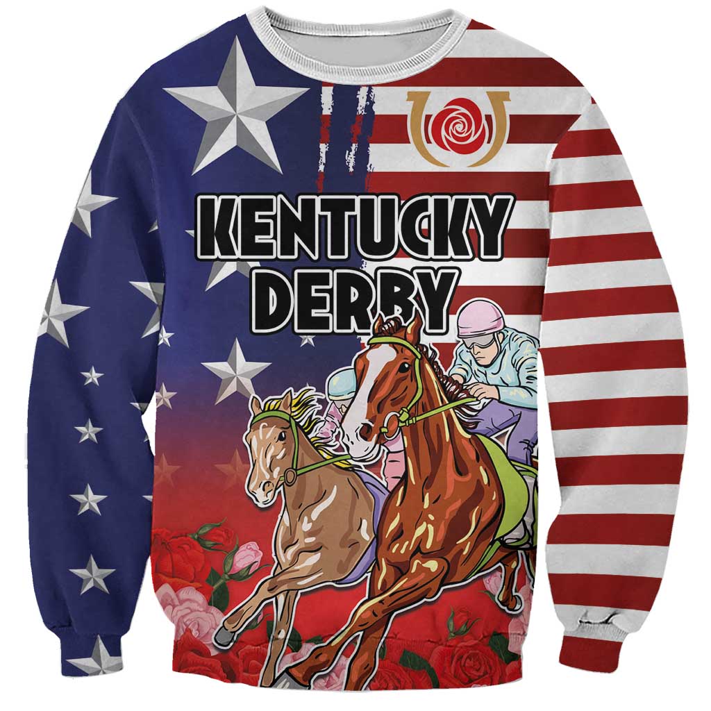 Unisex sweatshirt with Kentucky Derby horse riders, roses, and US flag stars/stripes