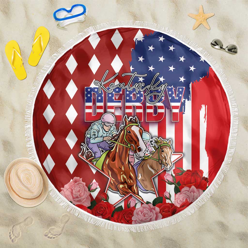 Round red beach blanket with horse riders, stars-and-stripes, diamond pattern, fringe