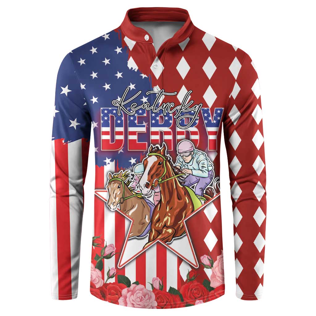 Red button-front sweatshirt with stars-and-stripes horse graphic and diamond sleeves