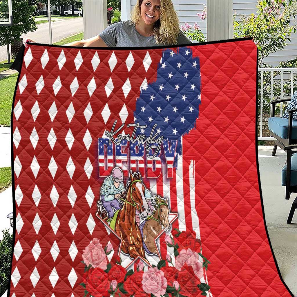 Red diamond-pattern quilt with US flag star field and horse riders graphic, quilted texture