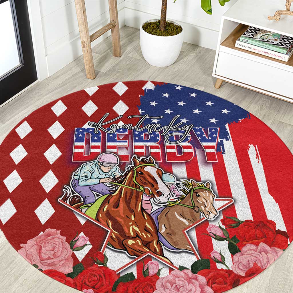 Round red, white, and blue area rug with horses, roses, diamond and grunge US flag design