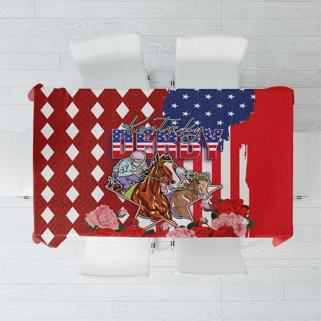 Red tablecloth with diamond pattern and US flag horse racing graphic